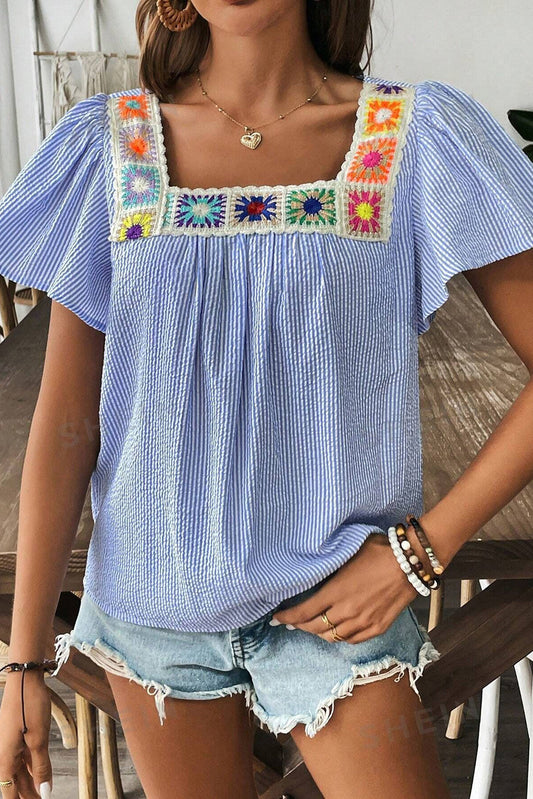Blue Stripe Boho Flower Blouse RTS