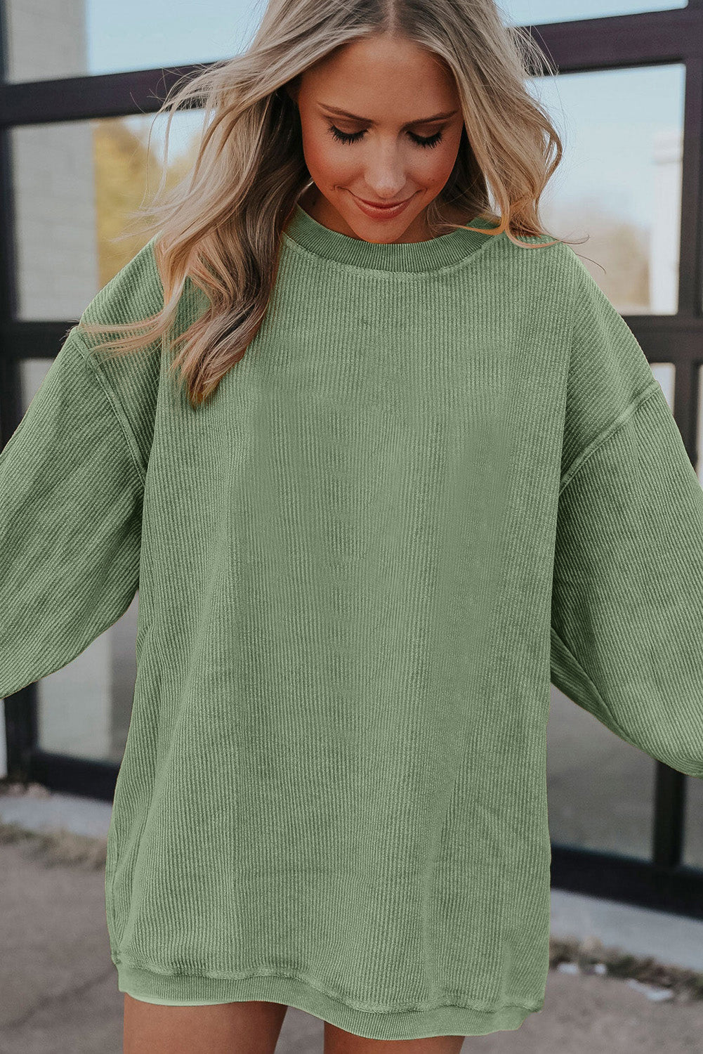 Grass Green Ribbed Corduroy Oversized Sweatshirt