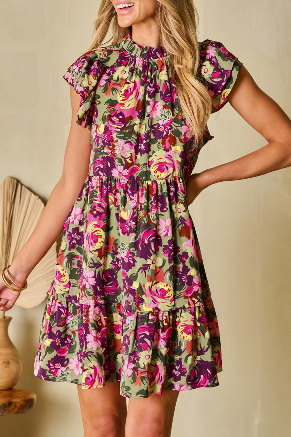 Green Floral Ruched Dress RTS