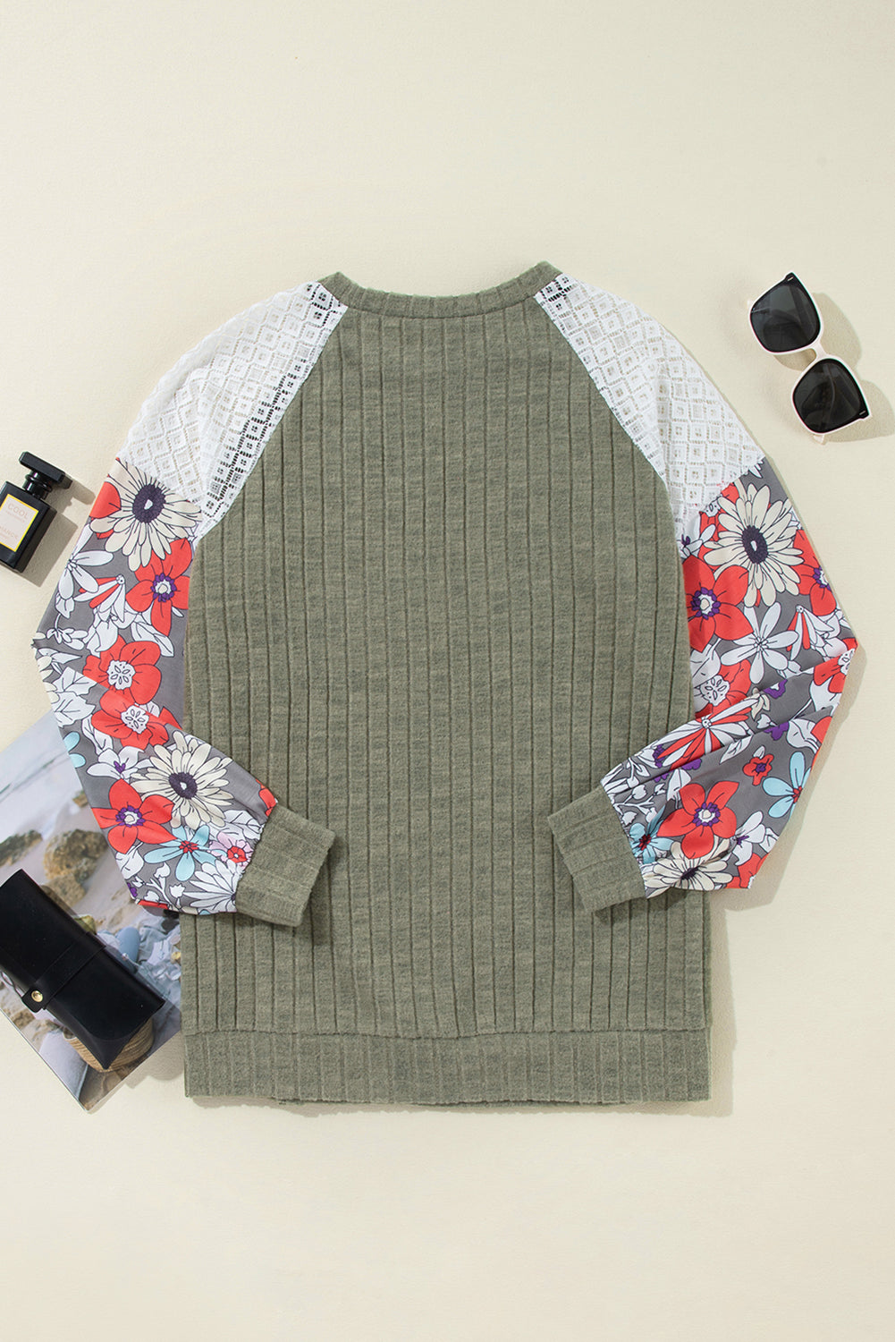 Laurel Green Floral Patchwork Long Sleeve Ribbed Blouse