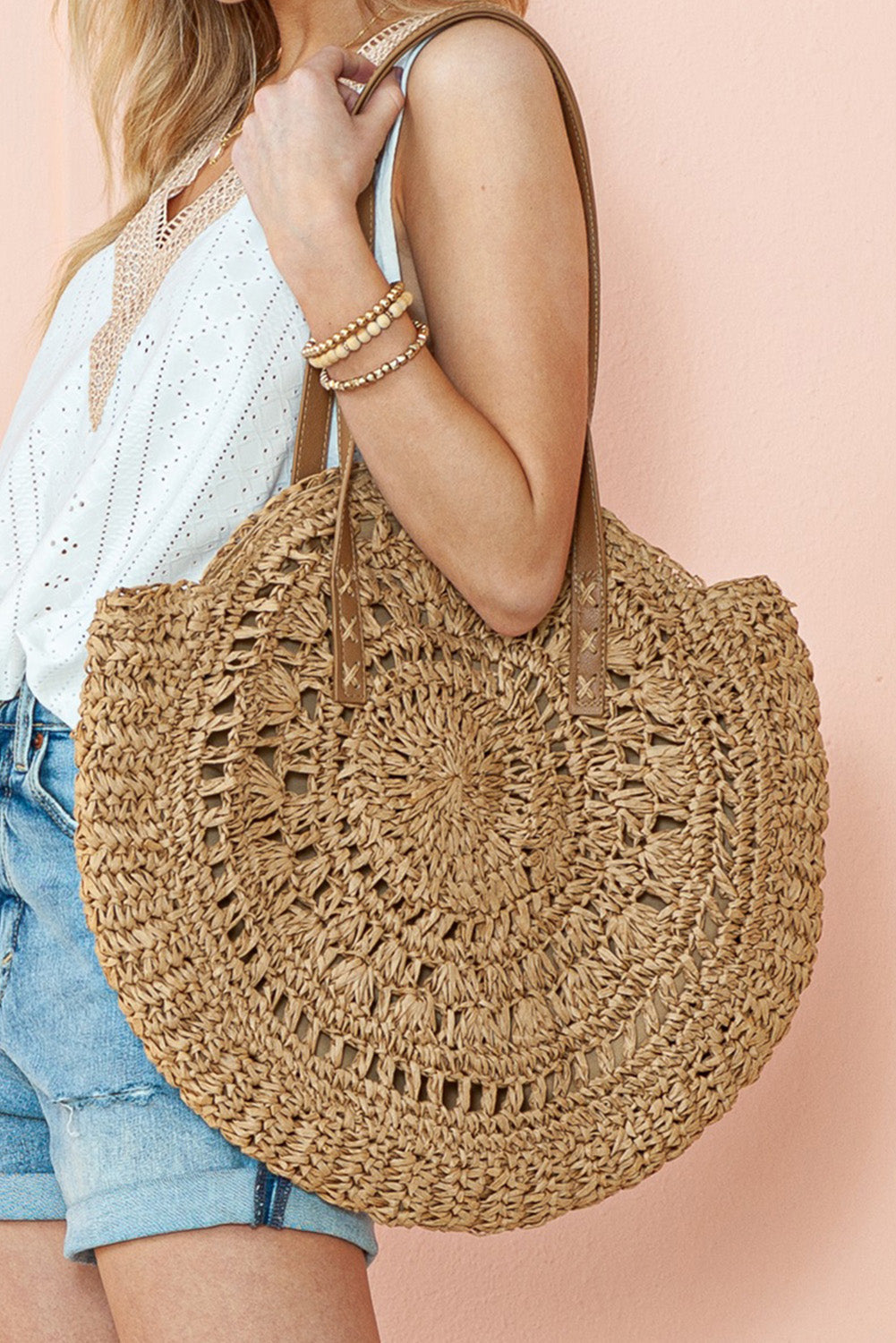 Camel Boho Woven Round Bag RTS