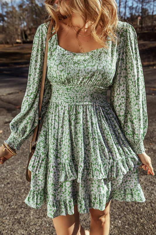 Green Floral Shirred Dress RTS
