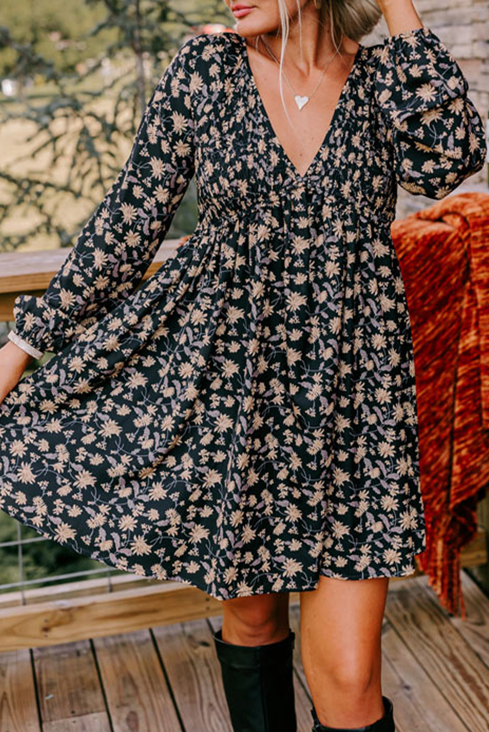 Black Floral Smocked Babydoll Dress RTS