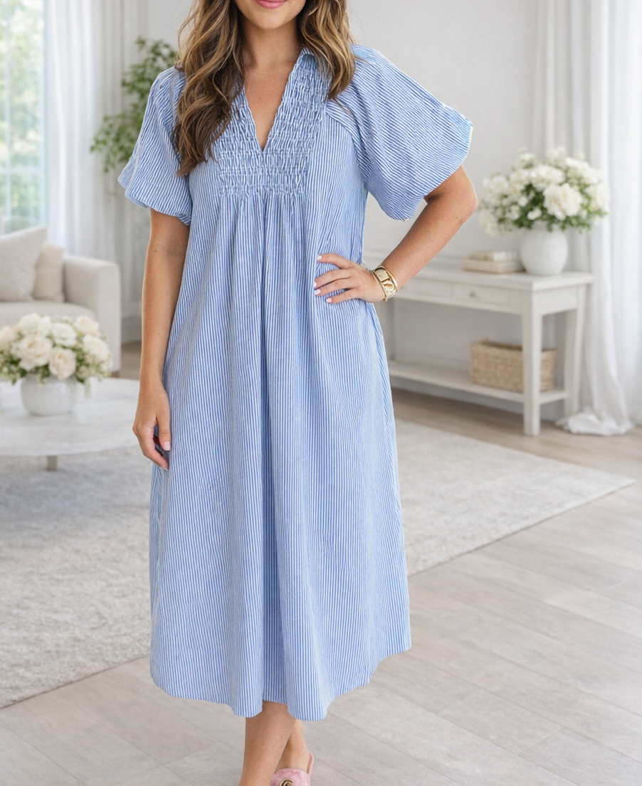 Blue Stripe Shirred Plus Size Midi RTS