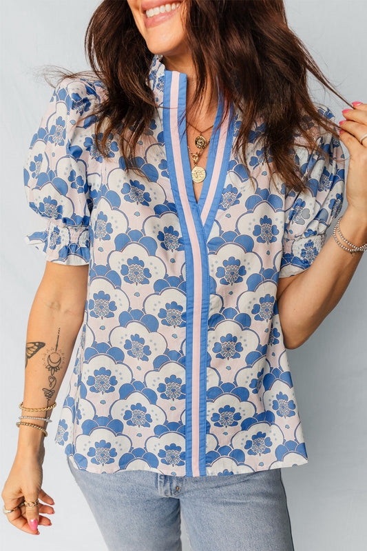 Blue Floral Flounced Blouse FB