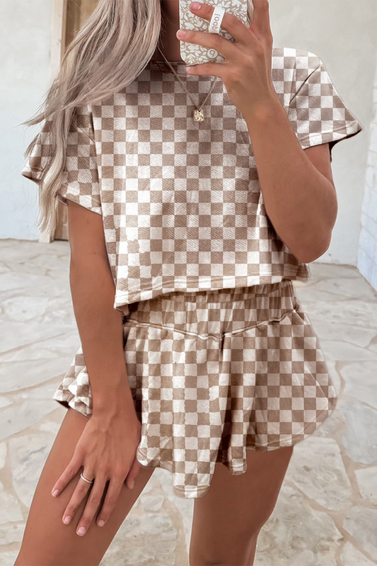 Brown Checkerboard T Shirt and High Waist Skorts 2 Piece Outfit RTS