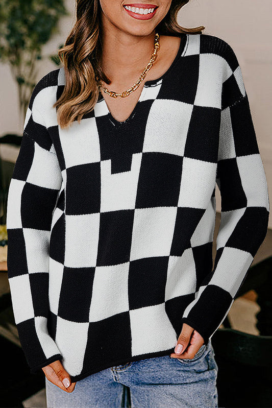 Checkered Notched Neck Sweater FB