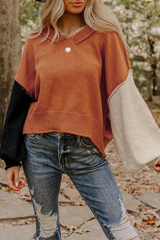 Colorblock Raw Edge V Neck FB