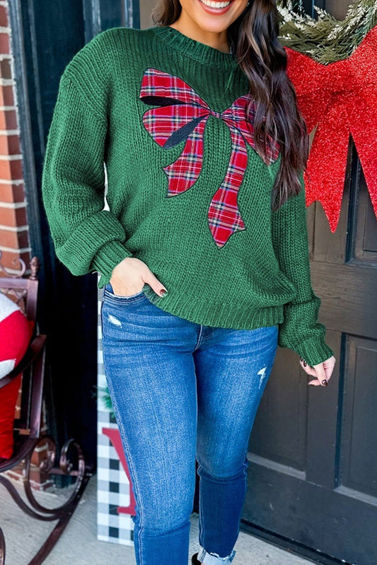 Evergreen Plaid Bow Christmas Sweater RTS