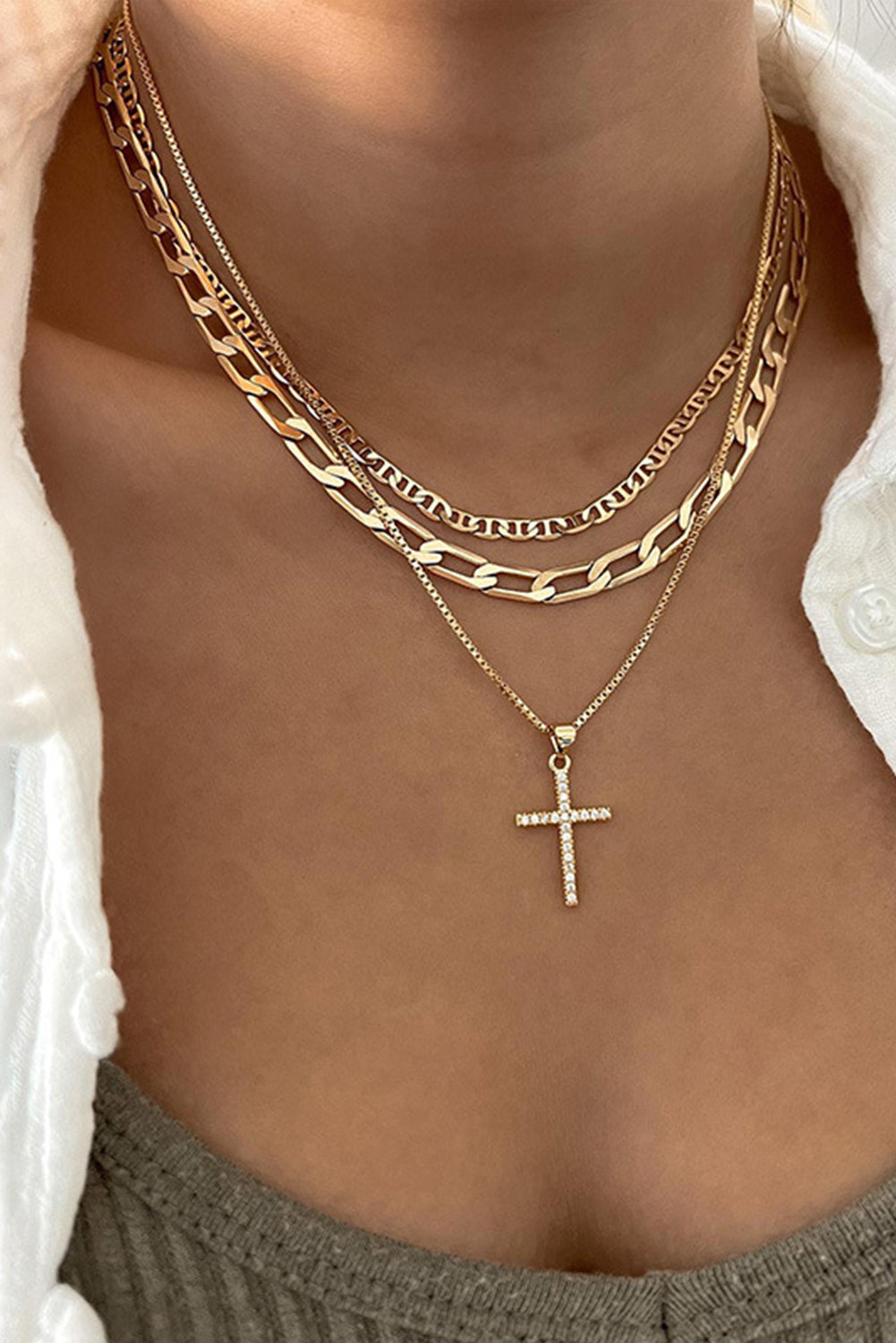 Gold Cross Stacked Chain Necklace RTS