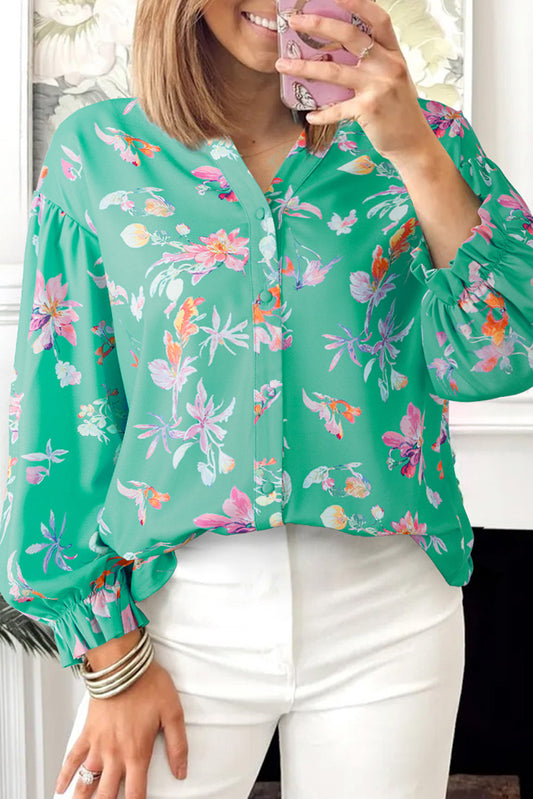 Green Floral Button Top FB