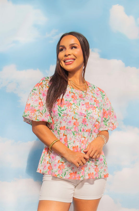 Puff Sleeve Blouse, Watercolor Flowers