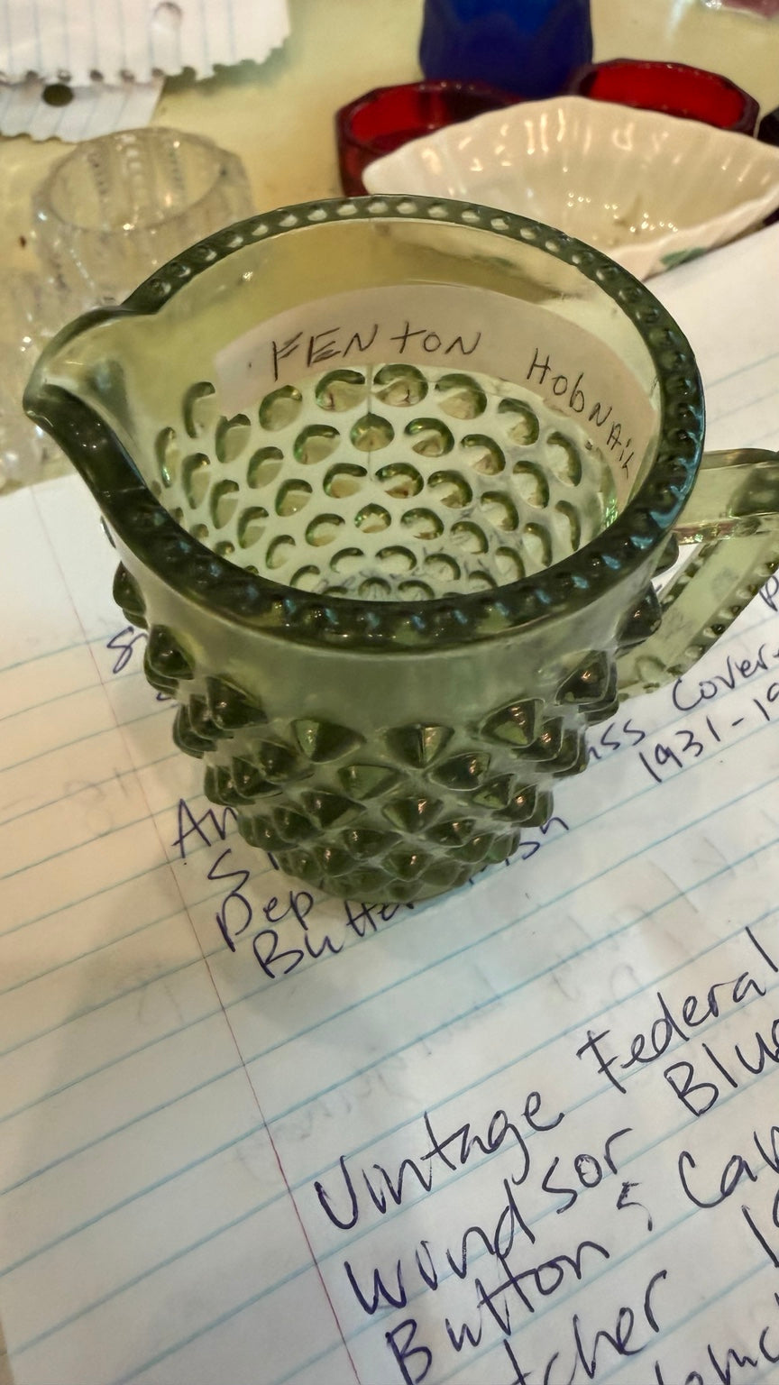 Fenton Colonial Green Hobnail Mini Creamer