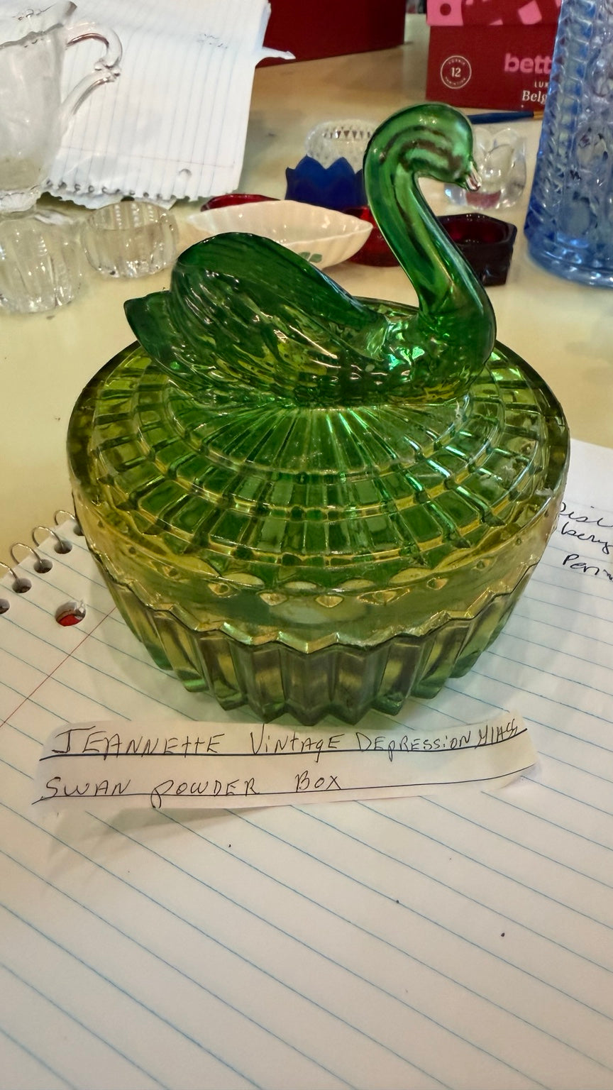 Vintage Jeannette Glass Green Swan Powder Box