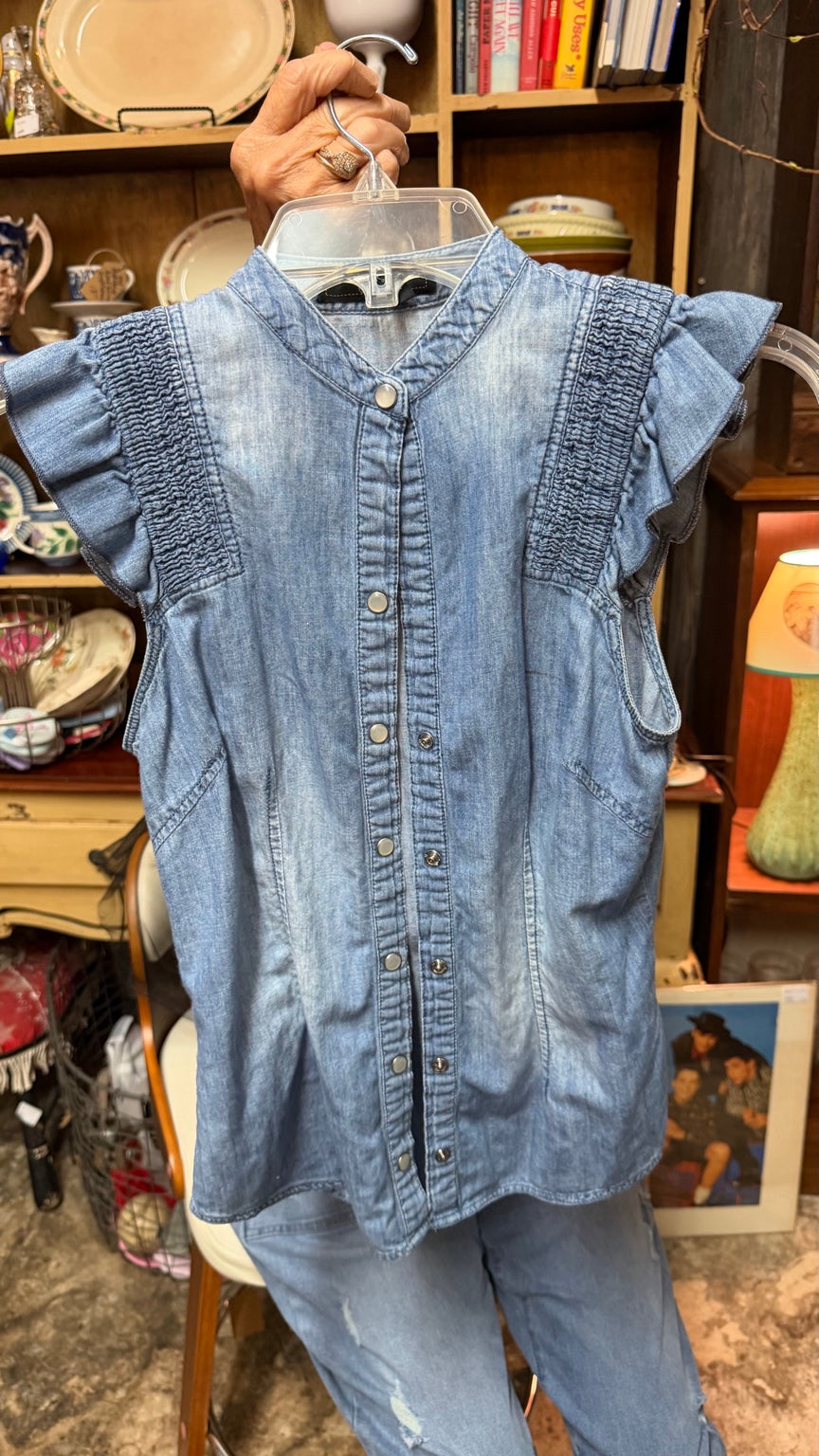 Jessica Simpson Ruffle-Shoulder Chambray Top