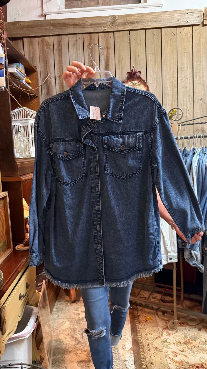 Dark Blue Frayed-Hem Denim Shacket