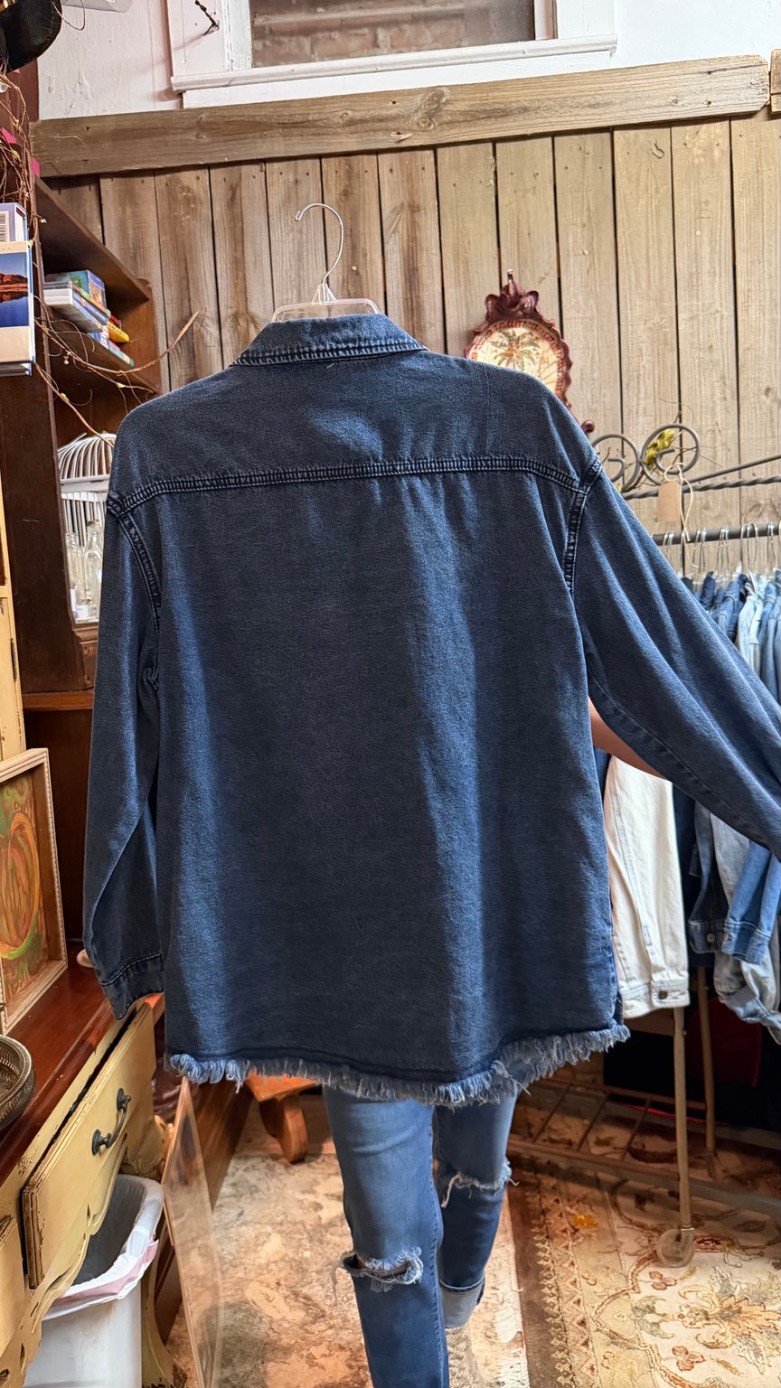 Dark Blue Frayed-Hem Denim Shacket