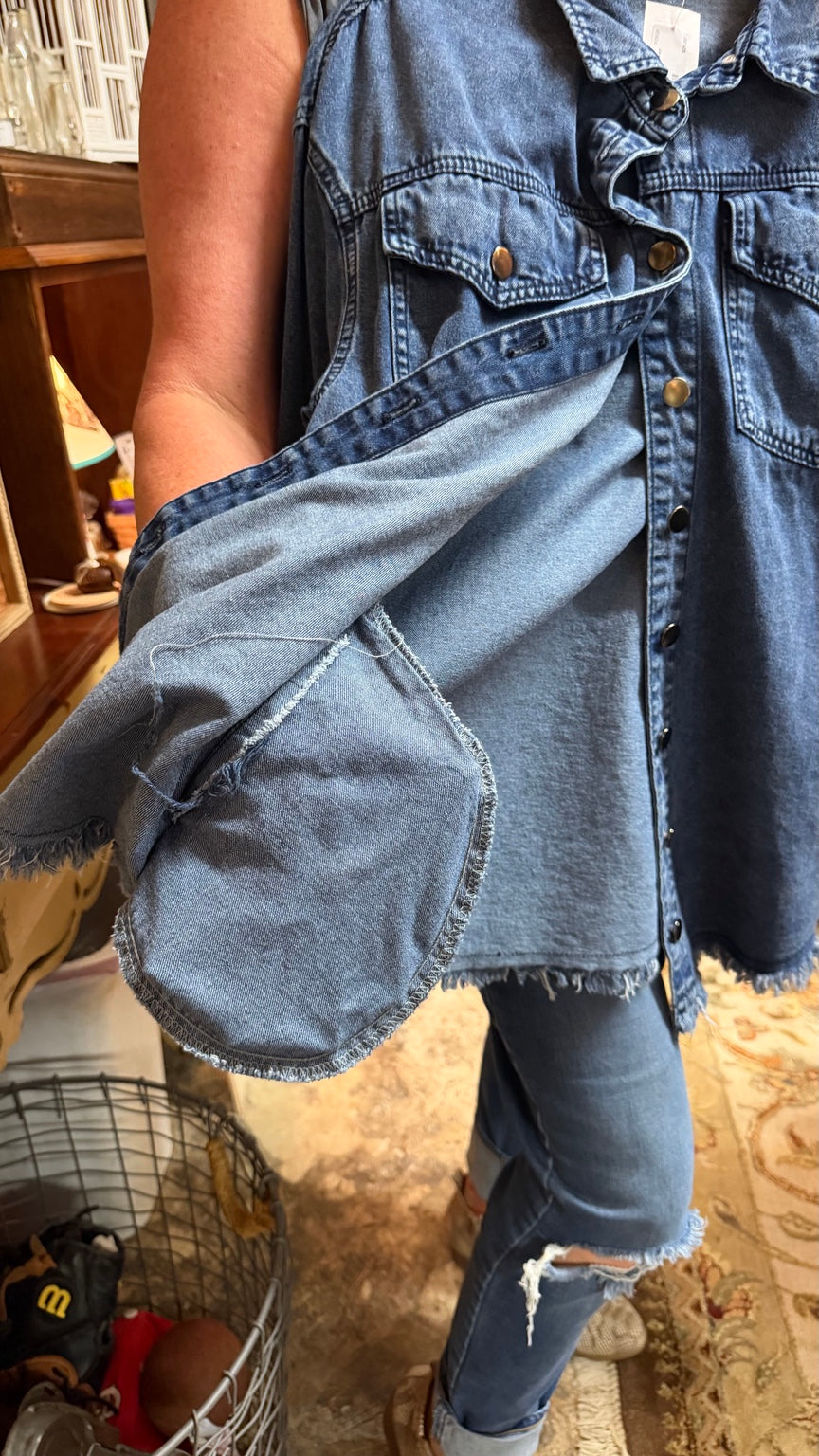 Dark Blue Frayed-Hem Denim Shacket