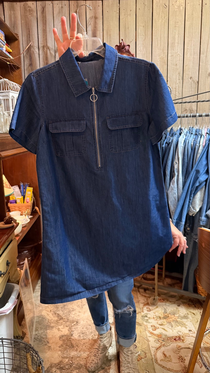Calvin Klein Zip-Neck Denim Dress