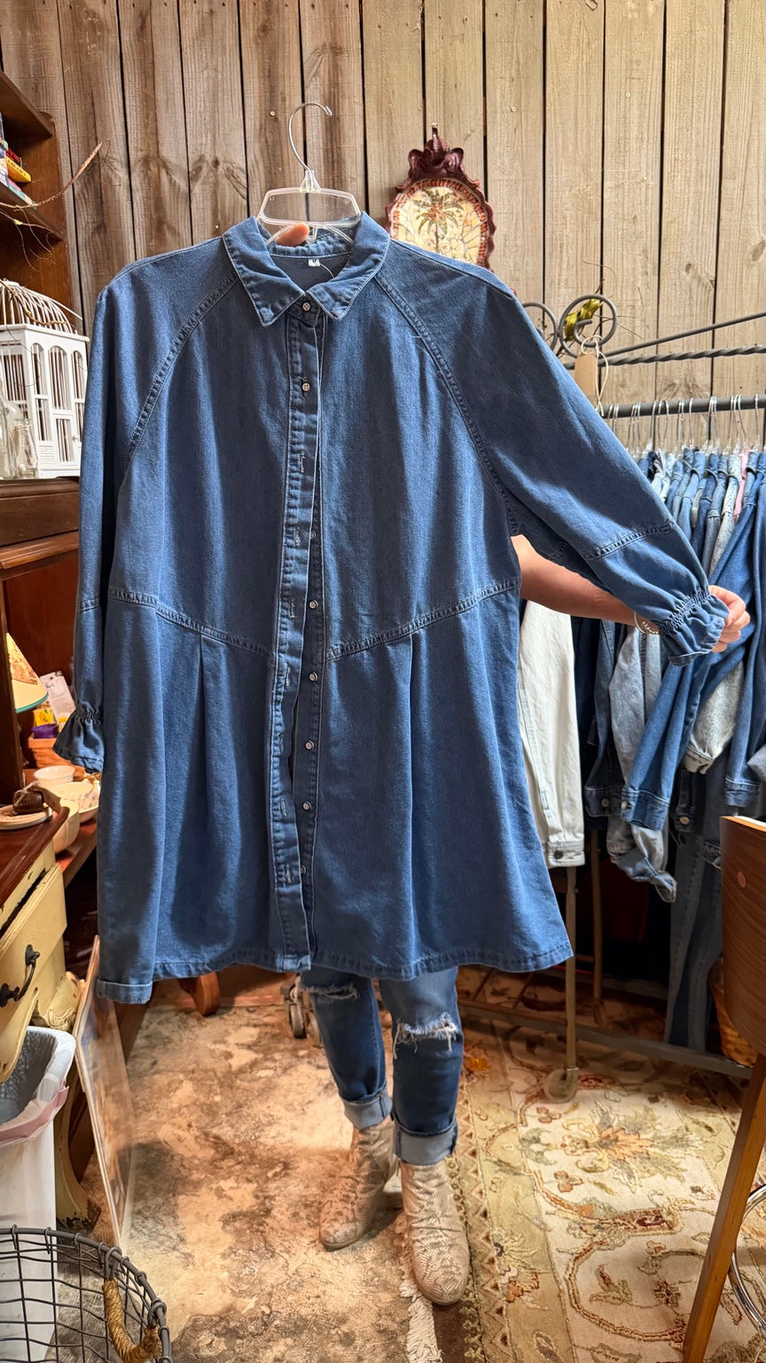 Gathered-Sleeve Denim Shirt Dress