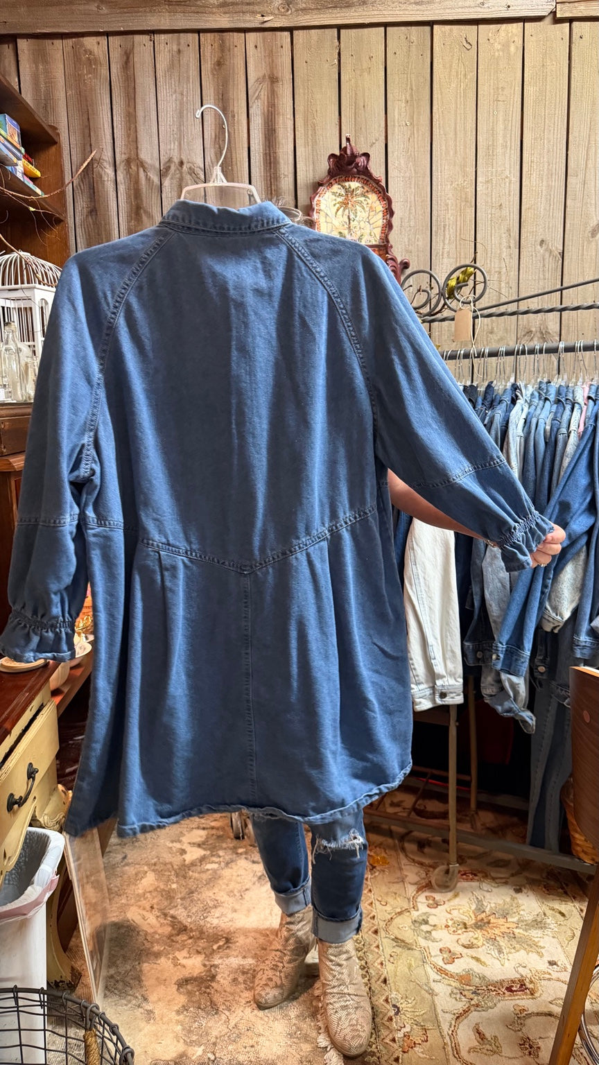Gathered-Sleeve Denim Shirt Dress