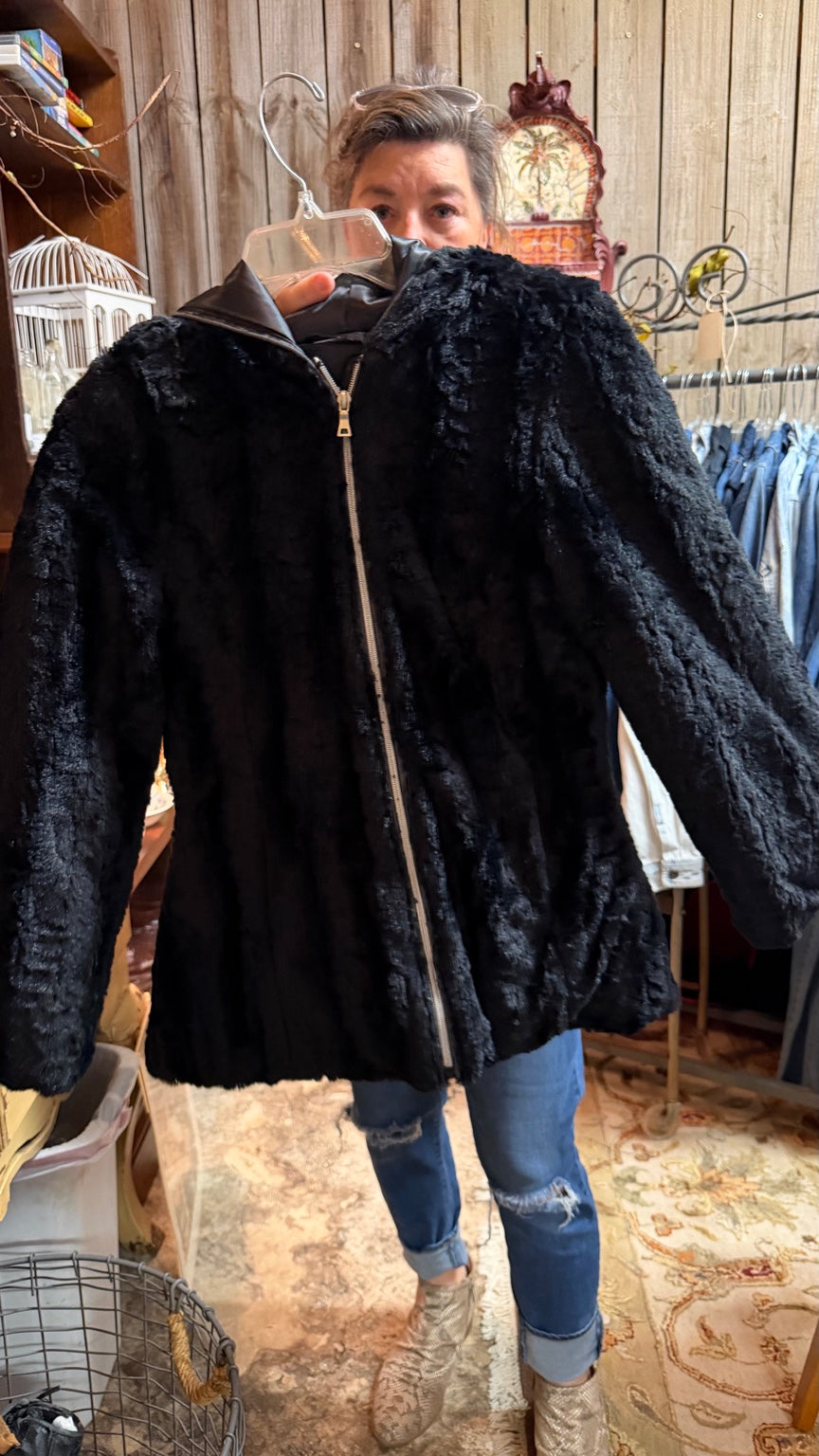 Black Plush Hooded Zip Jacket