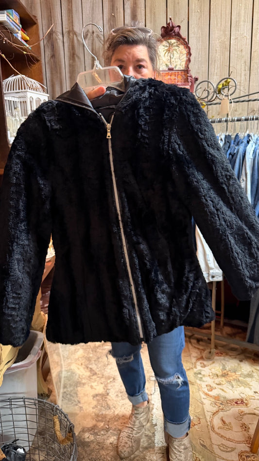 Black Plush Hooded Zip Jacket