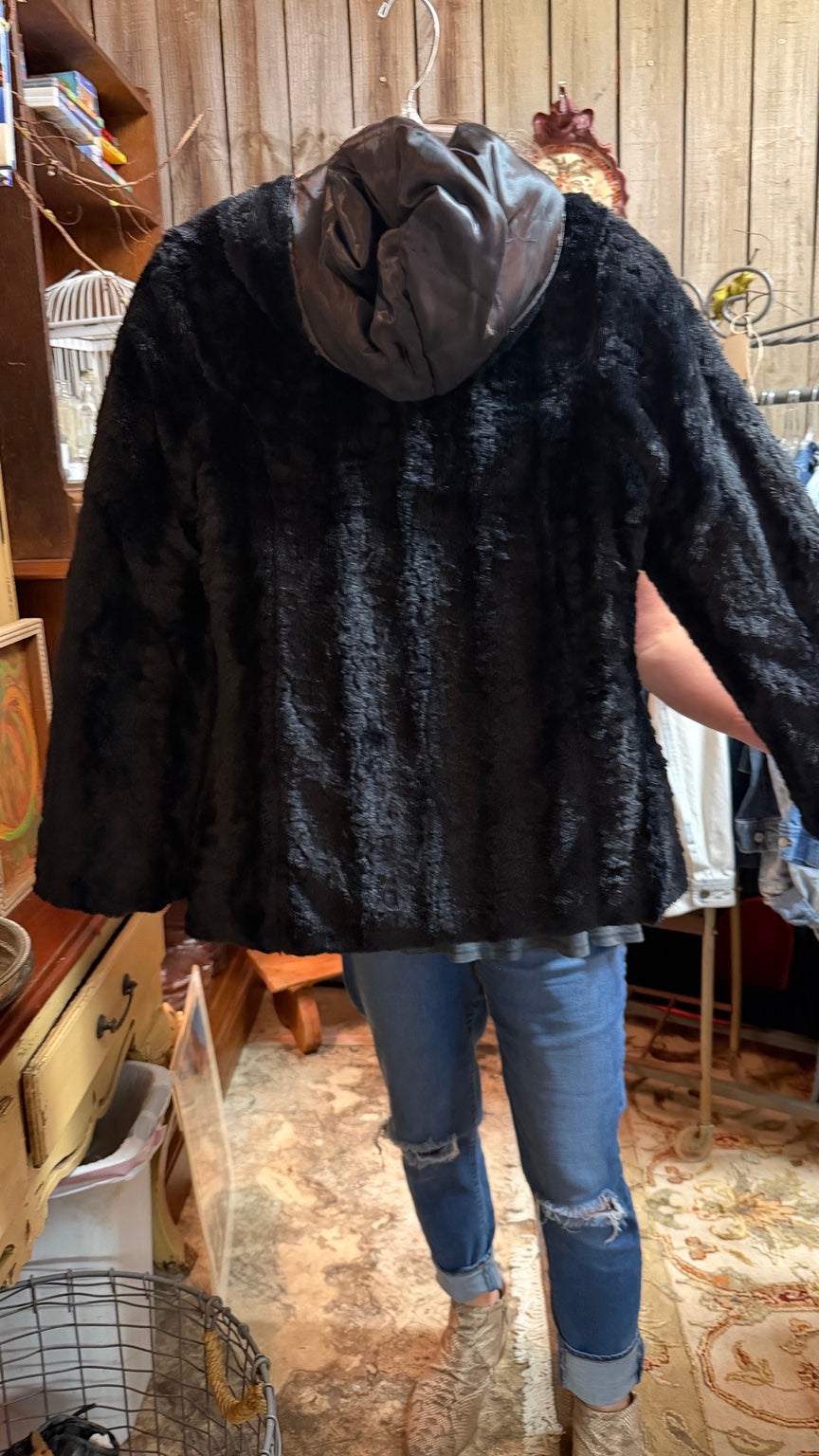 Black Plush Hooded Zip Jacket