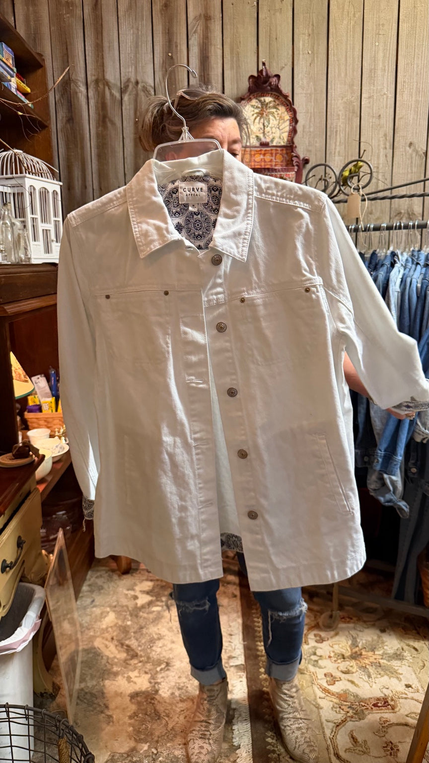 Curve Appeal White Jacket with Patterned Trim
