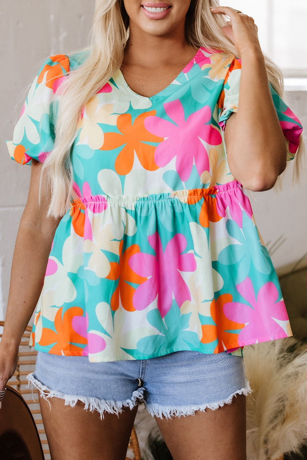 Teal Floral Peplum Blouse LT