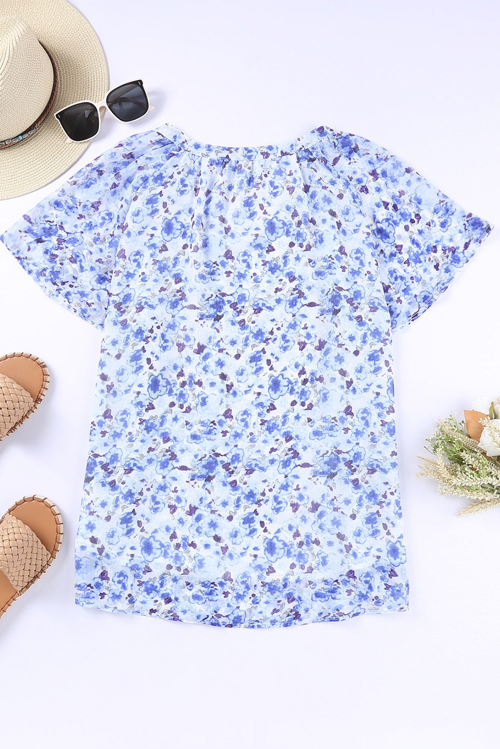 Blue Floral Flutter Sleeve Blouse LT