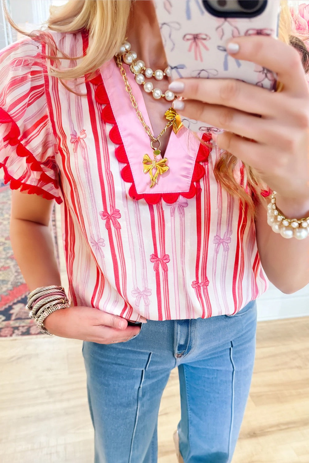 Pink Bow Striped Scallop Blouse LT