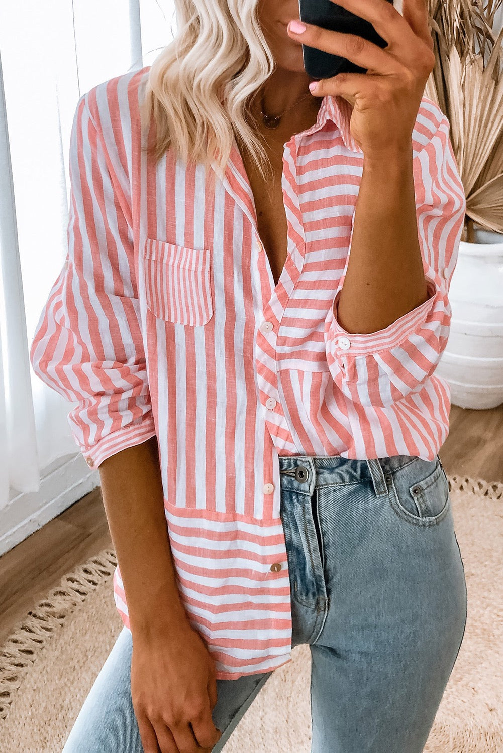 Pink Striped Casual Button Top LT