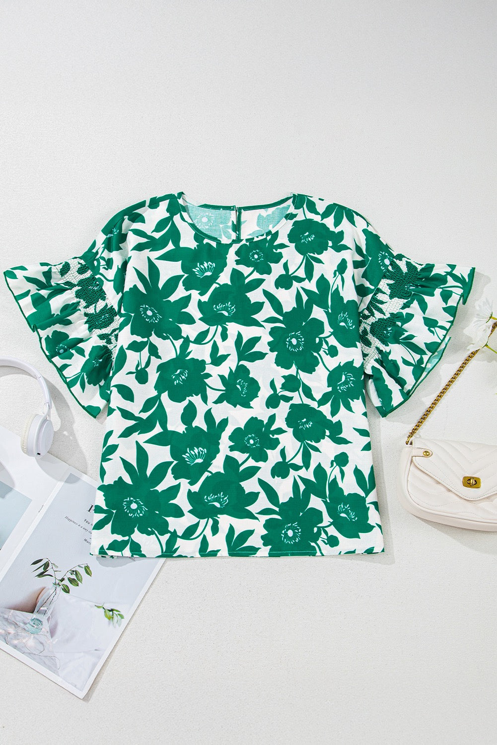 Green Flower Print Blouse LT