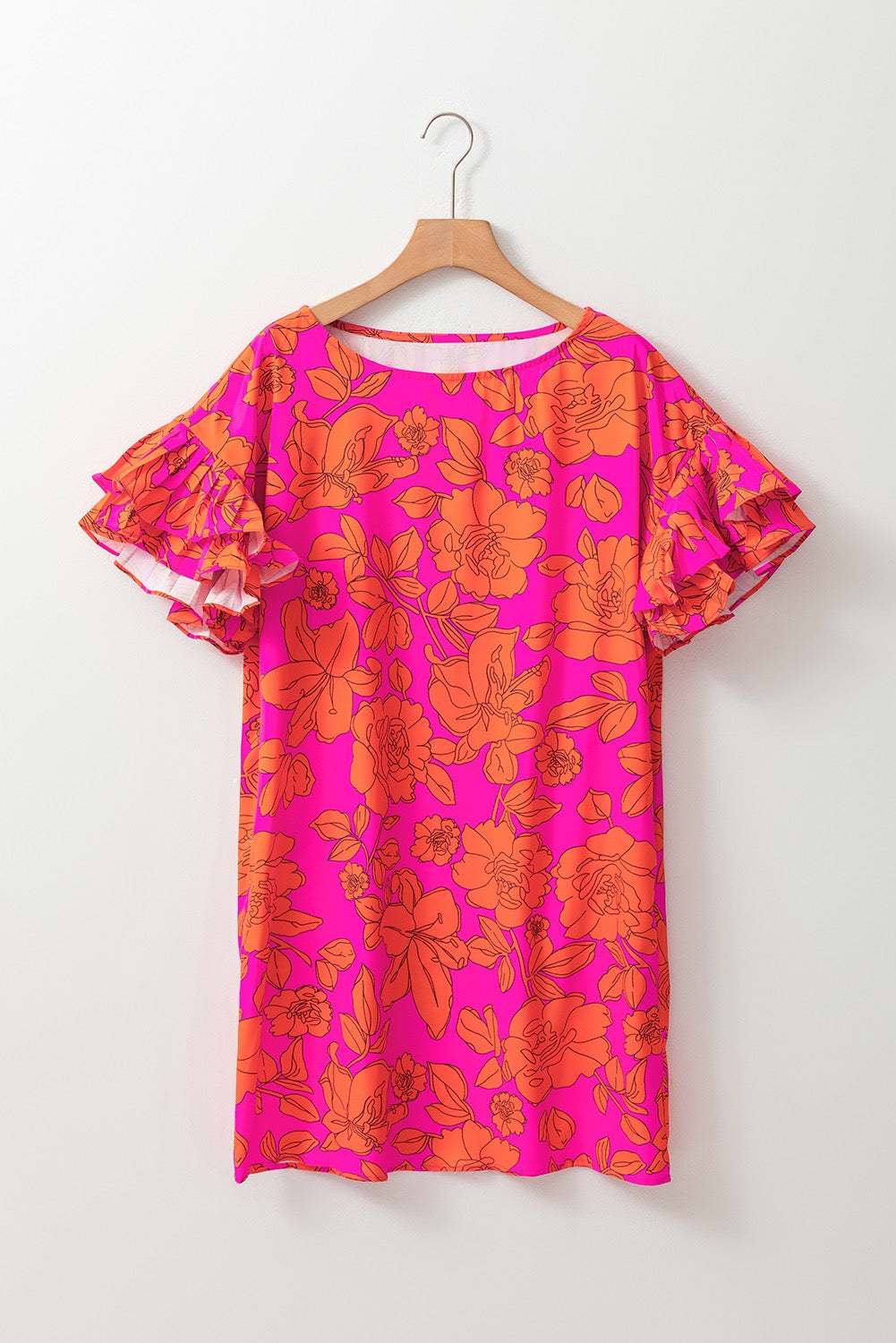 Pink and Orange Floral Ruffle Sleeve Dress LT