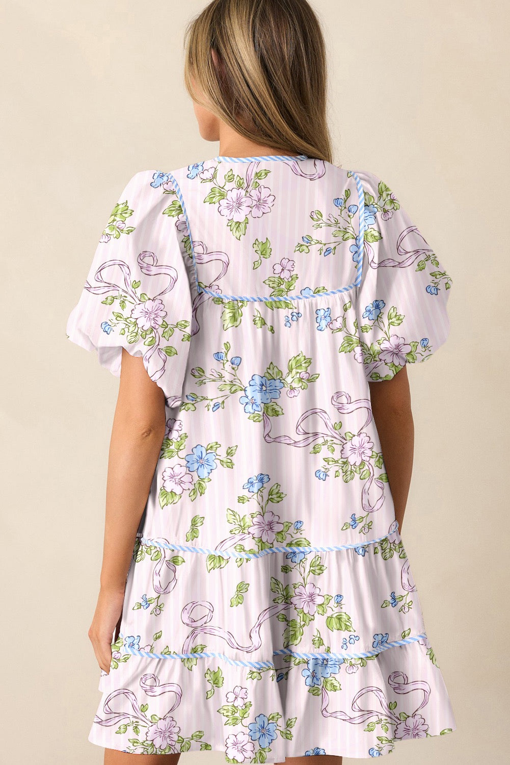 Pink Floral With Blue Stripes Dress LT