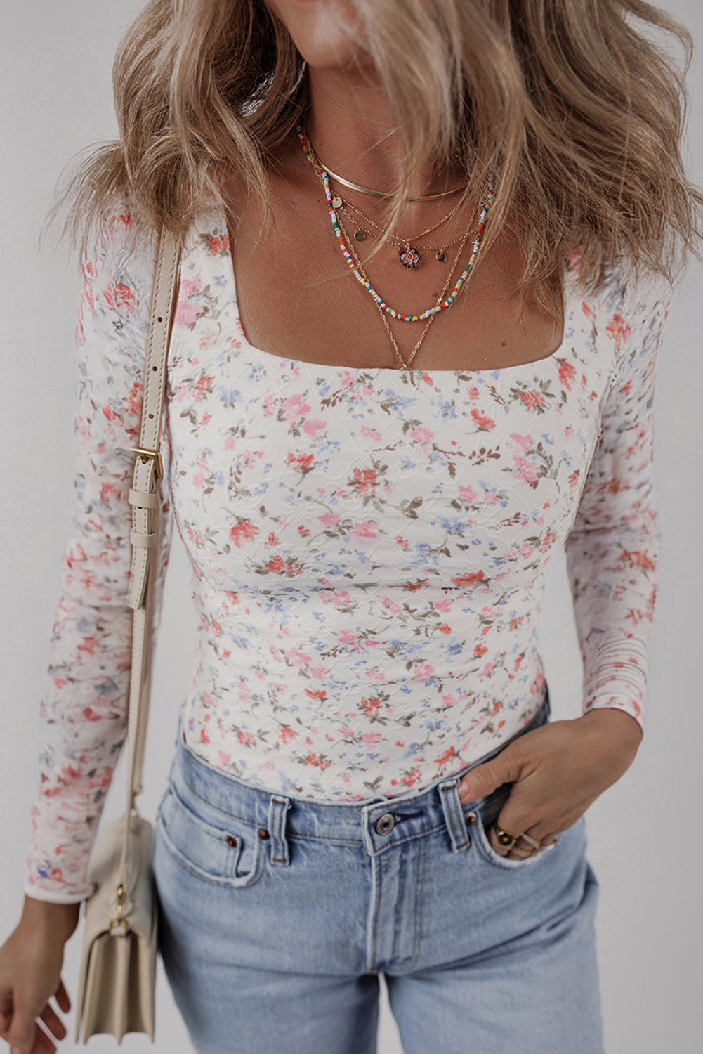 White Floral Slim Fit Top FB