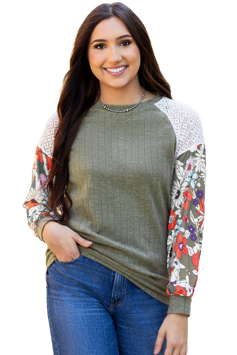 Laurel Green Floral Patchwork Long Sleeve Ribbed Blouse