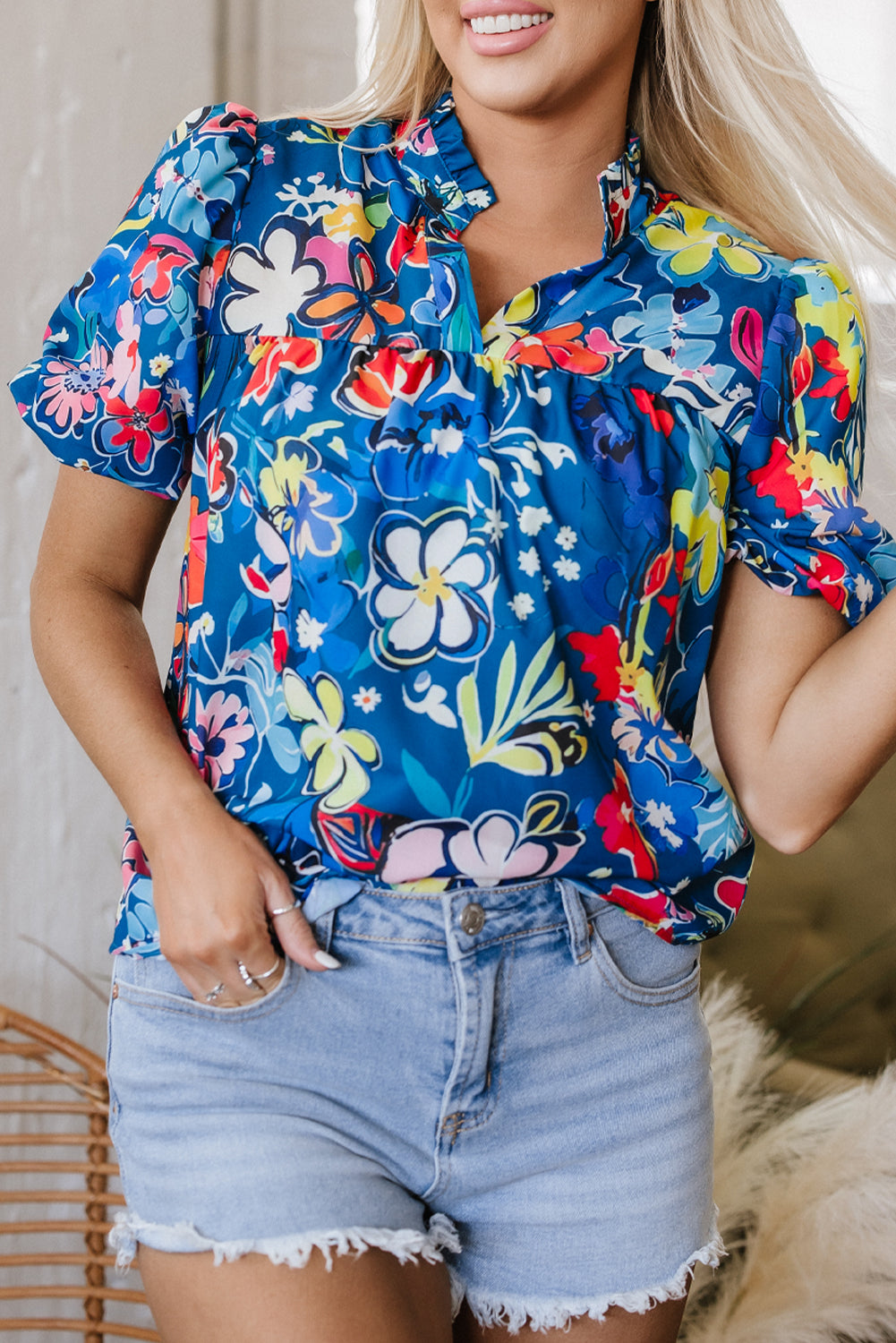 Blue Flower Puff Blouse LT