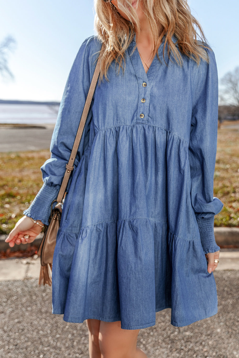 Dusk Blue Smocked Cuff Buttoned Tiered Denim Mini Dress