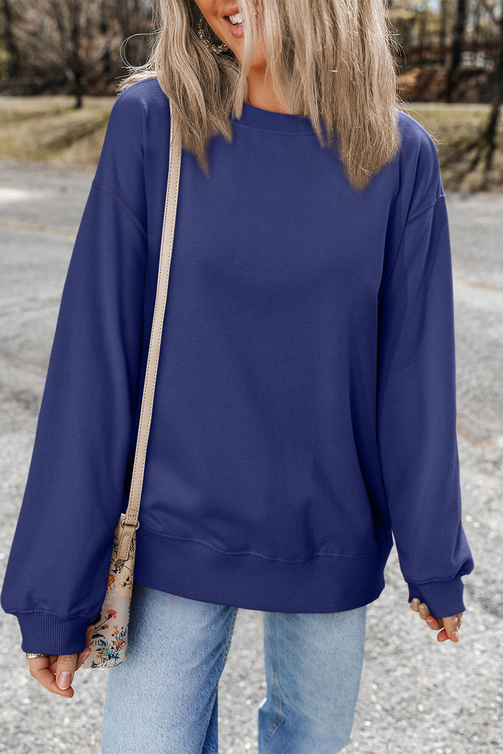 Navy Blue Plain Drop Shoulder Crewneck Pullover Sweatshirt