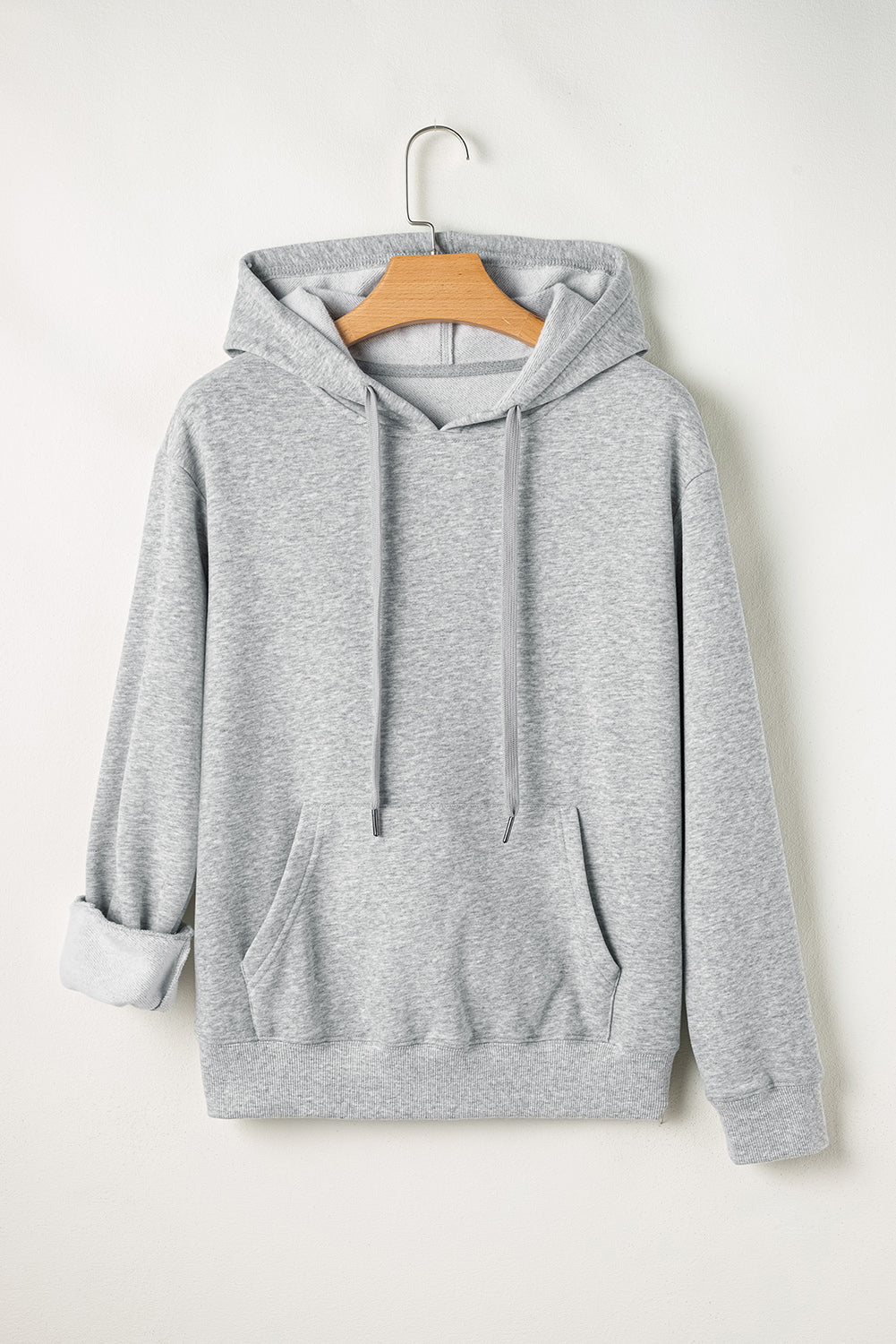 Light Grey Solid Color Fleece Lined Drawstring Hoodie with Pocket