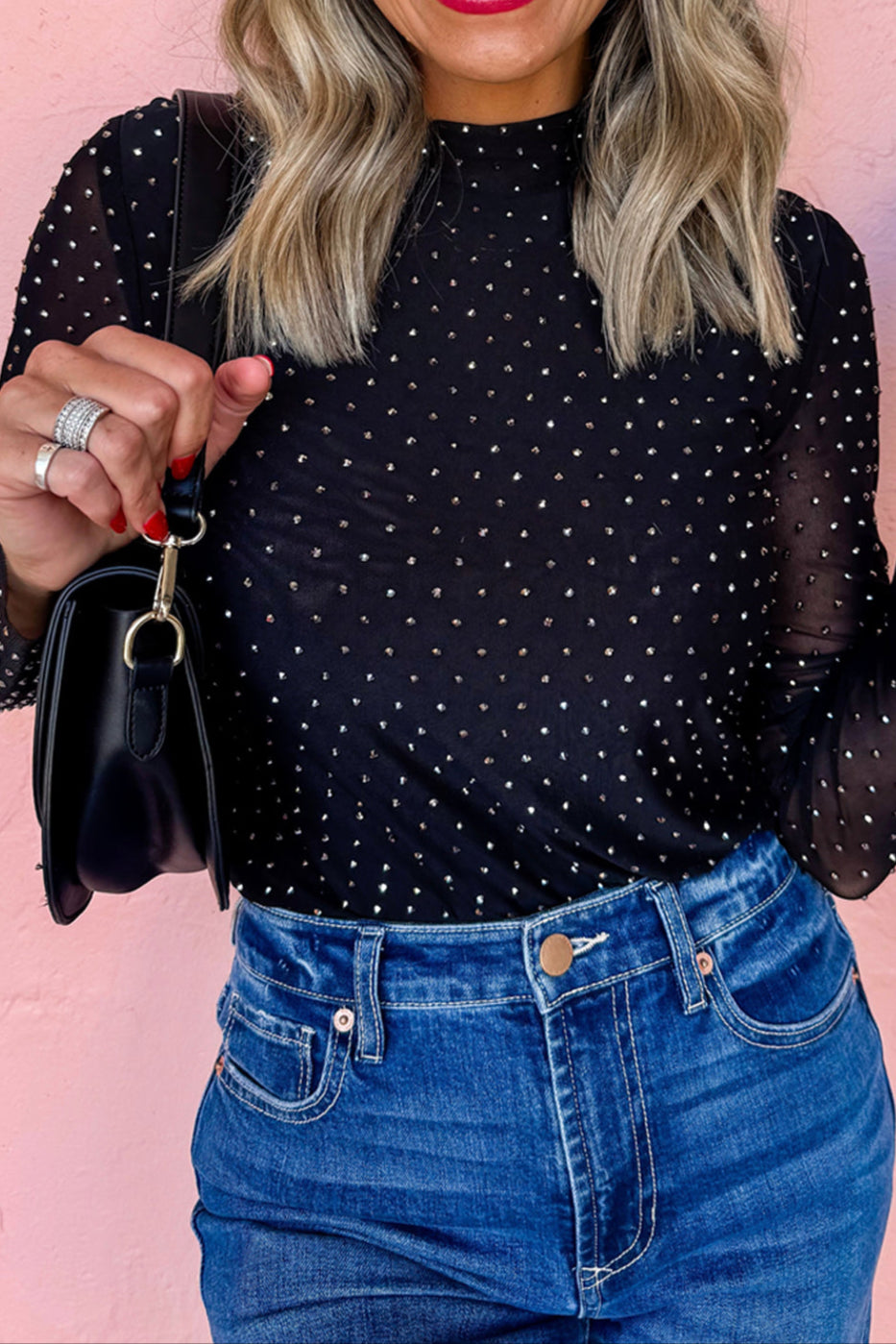 Black Rhinestone Mesh Top RTS