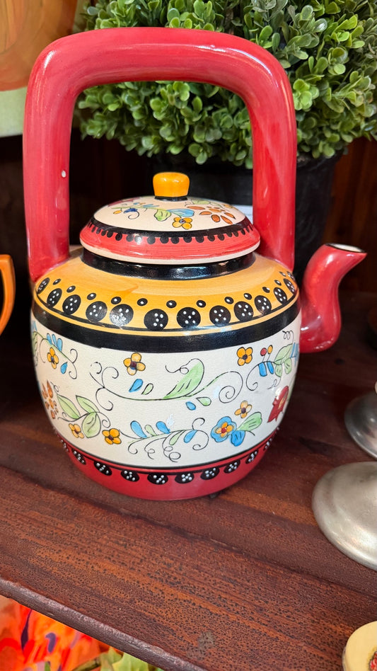 Colorful hand-painted folk art ceramic teapot