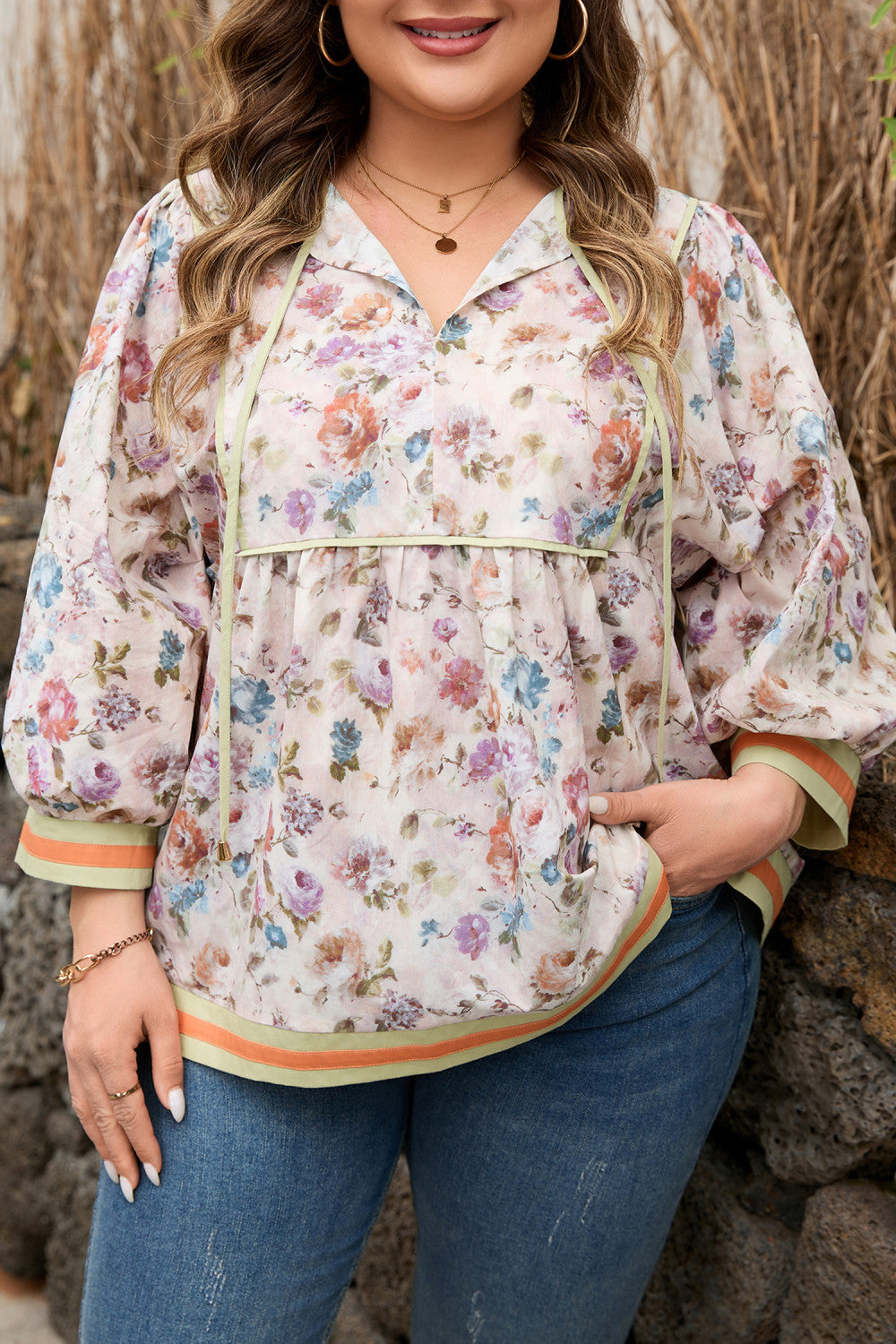 Plus Floral Striped Blouse FB