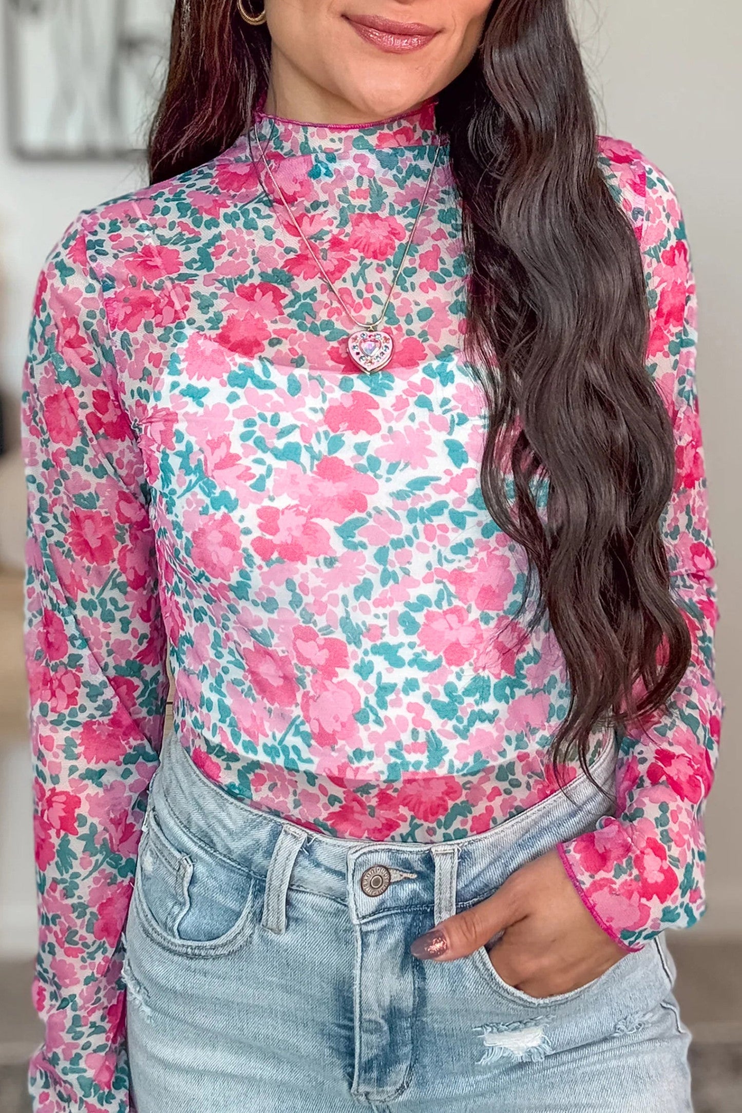 Floral Mesh Mock Neck Top RTS