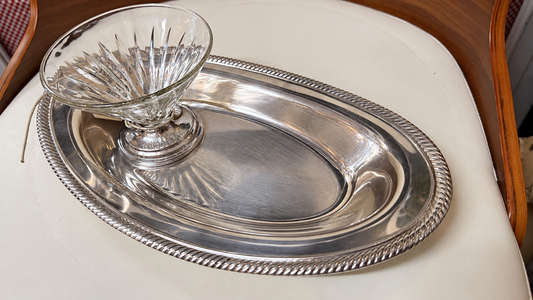 Vintage silver-on-copper oval chip-and-dip server with pressed glass bowl