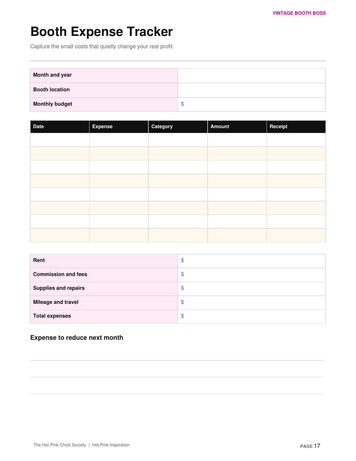 Booth expense tracker inside the Vintage Booth Boss Workbook