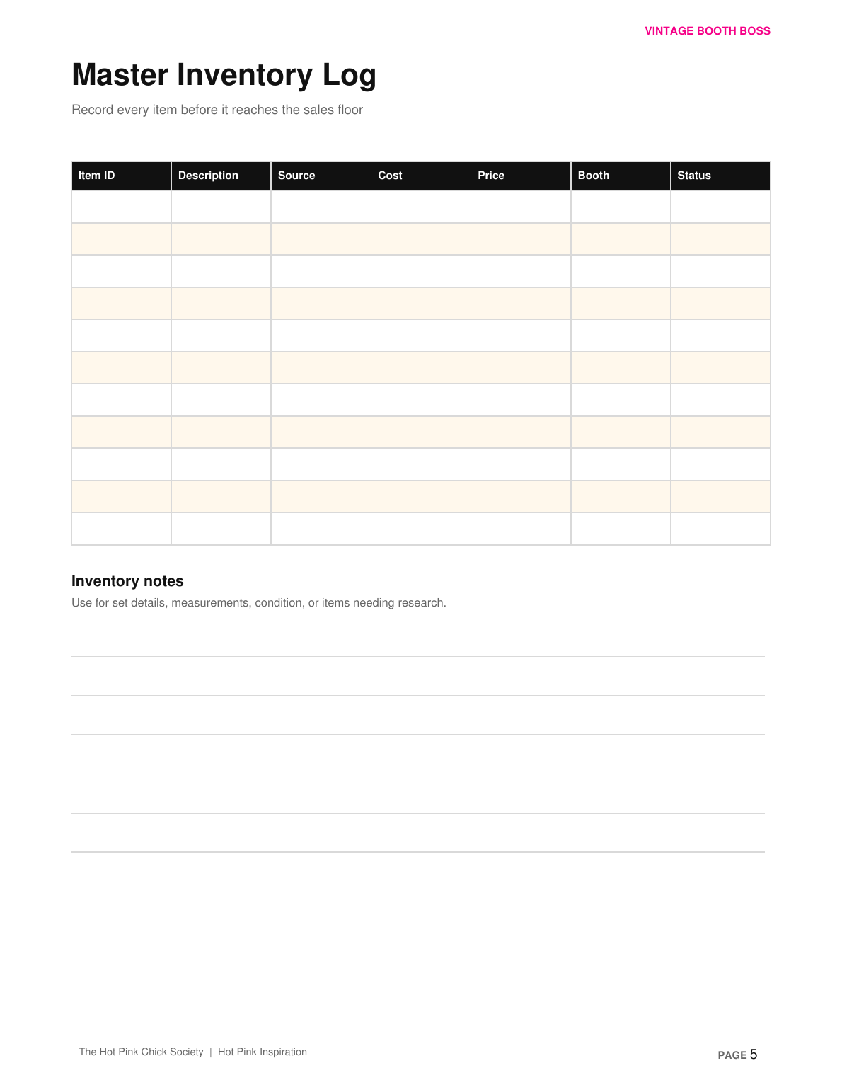 Master inventory log inside the Vintage Booth Boss Workbook