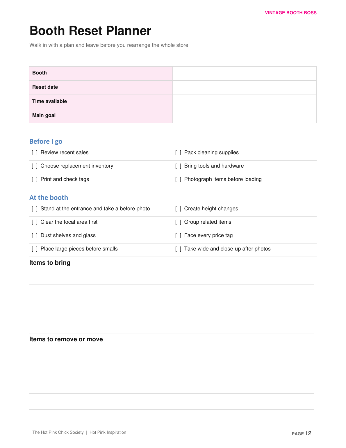 Booth reset planner inside the Vintage Booth Boss Workbook